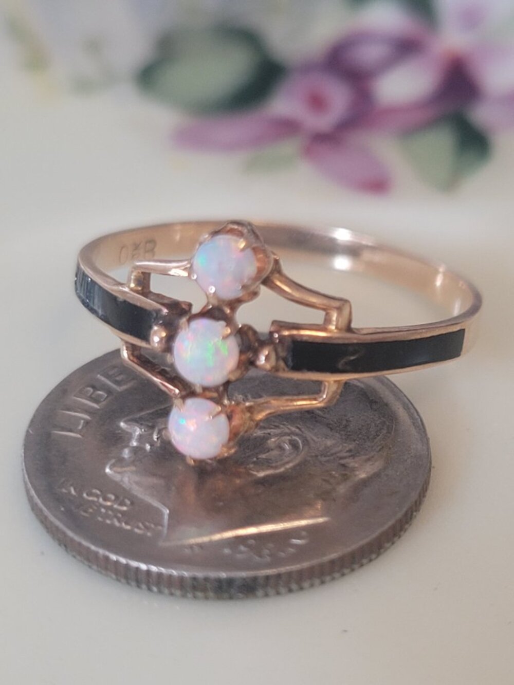 Antique Opal Gold Ring Black Enamel 10k Ostby Barton October Birthstone